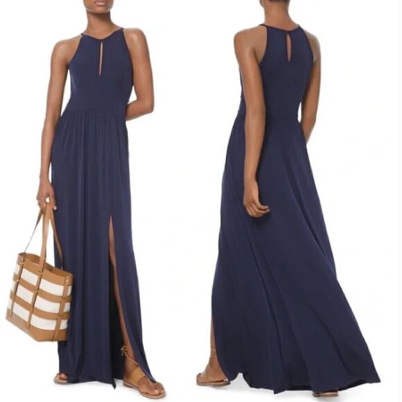 Michael Kors Navy Jersey Halter Maxi Slit Dress Sz M #296C - Picture 1 of 9